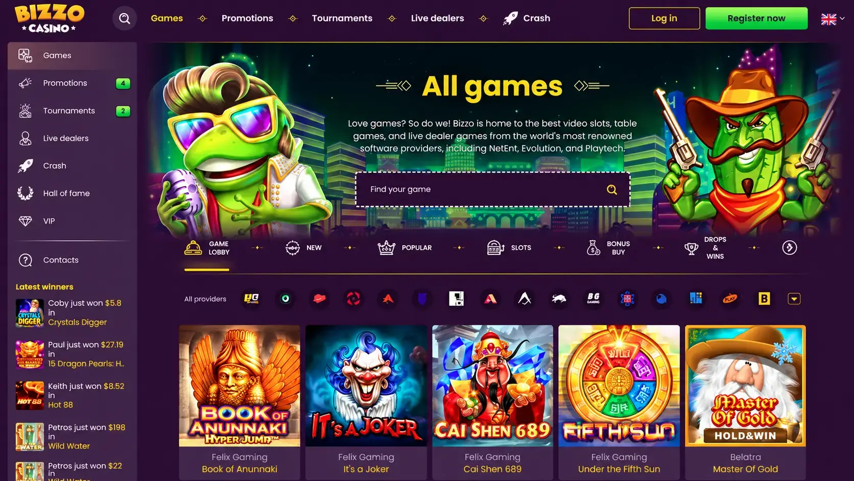 Bizzo Casino Lobby mit Spielauswahl, Promotions und Turnieren